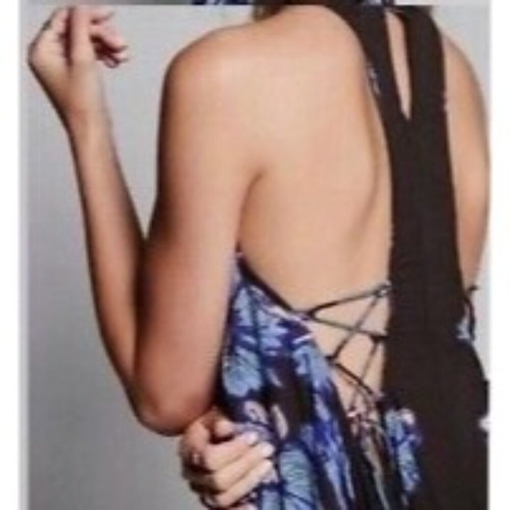 Free People Blue Floral Print Lace Up Sides Slip Dress - Picture 8 of 16
